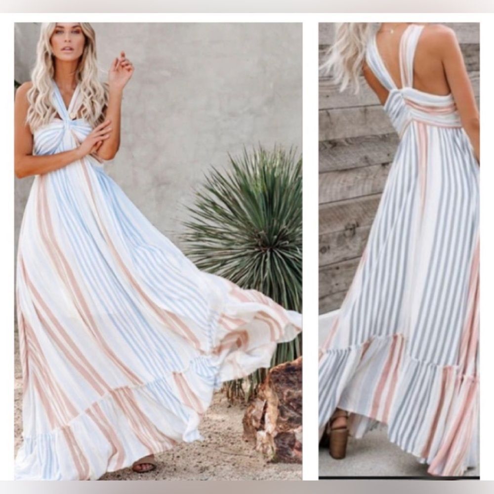 Fate Halter Striped Maxi Dress L